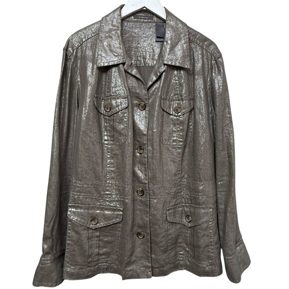 Liz Claiborne Safari Jacket Plus Size 2X 100% Linen Shimmer Brown Utility - Picture 10 of 10